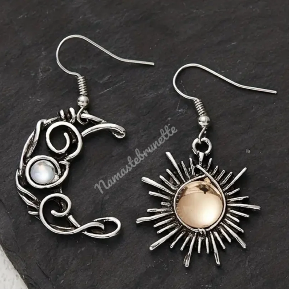Sun & Moon Silver Wire Wrapped Stone Dangle Drop Earrings